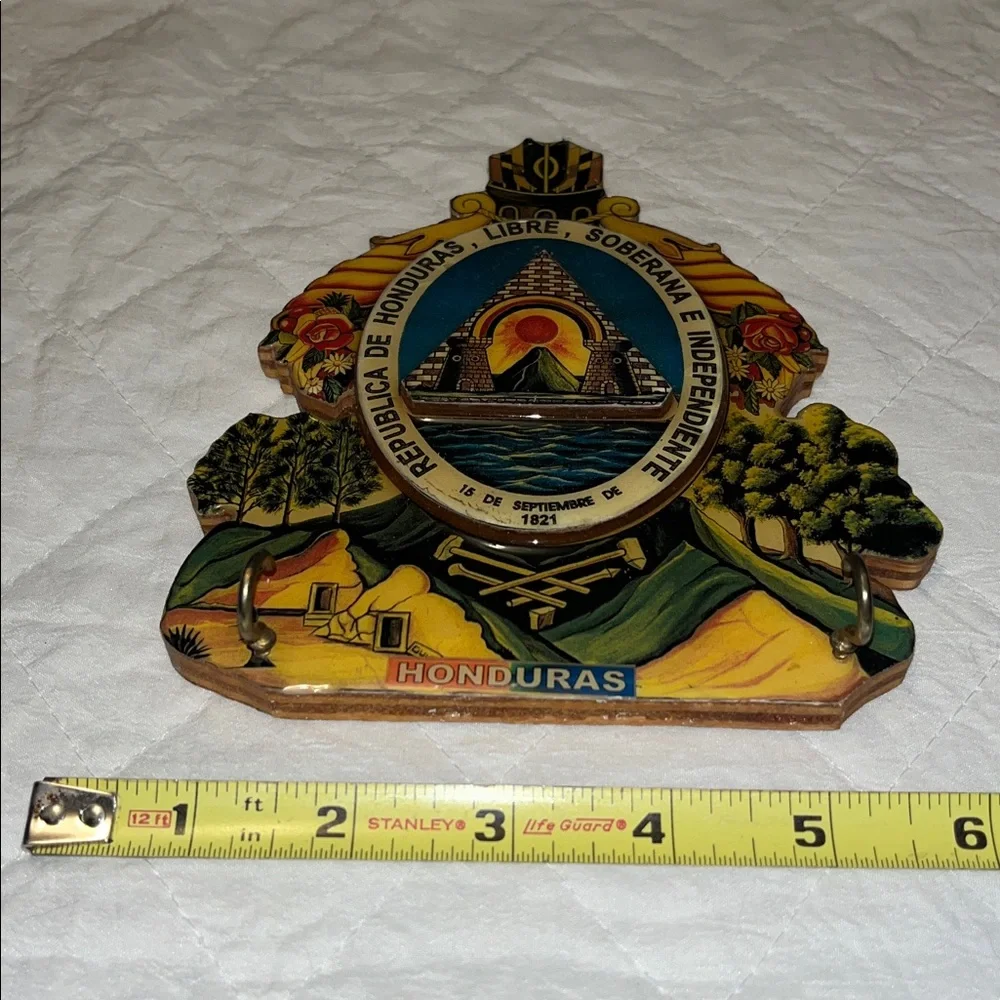 Lacquered Wood Colorful Coat Of Arms Of Honduras Wall Hanging Plaque
